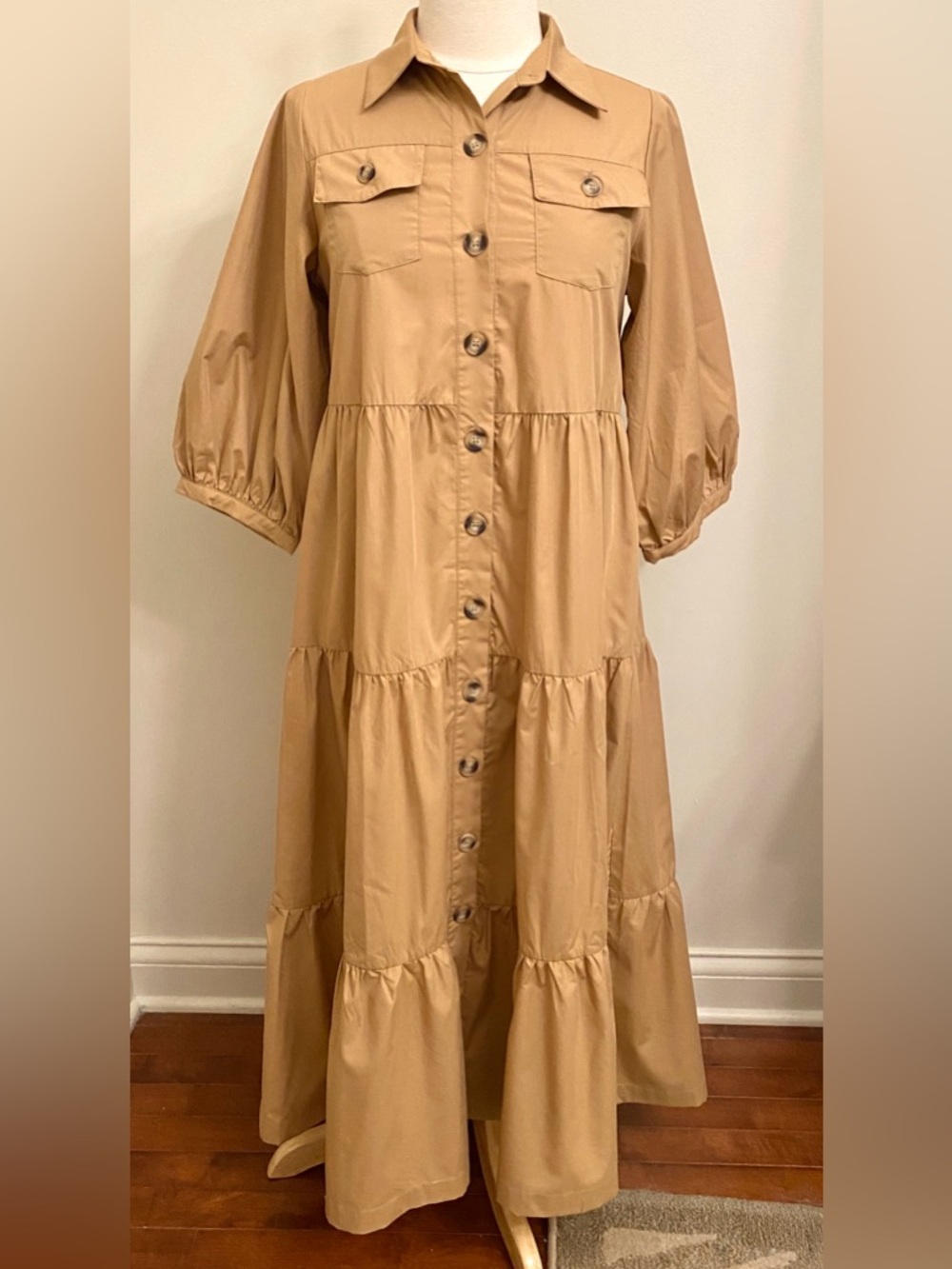 Aaron & Amber Camel Tan SZ S Peasant Boho Chic Earthy Cottagecore Maxi Dress